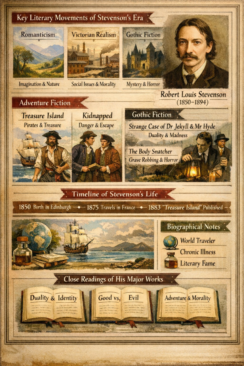 An educational infographic about Robert Louis Stevenson, featuring his portrait, key literary movements (Romanticism, Victorian Realism, Gothic Fiction), major works like Treasure Island and Dr. Jekyll and Mr. Hyde, a life timeline, and major themes.