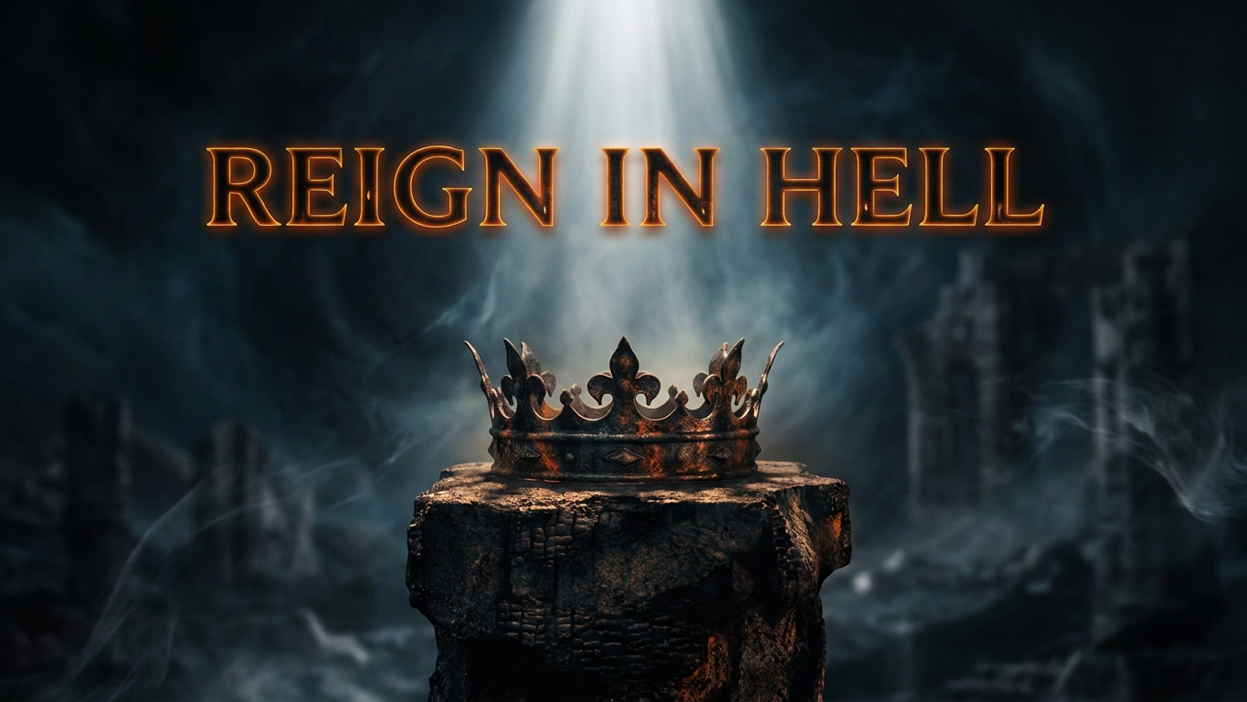Crown on a rock, beams of light from top, wiritIng 'REIGH IN HELL under the spotlight.