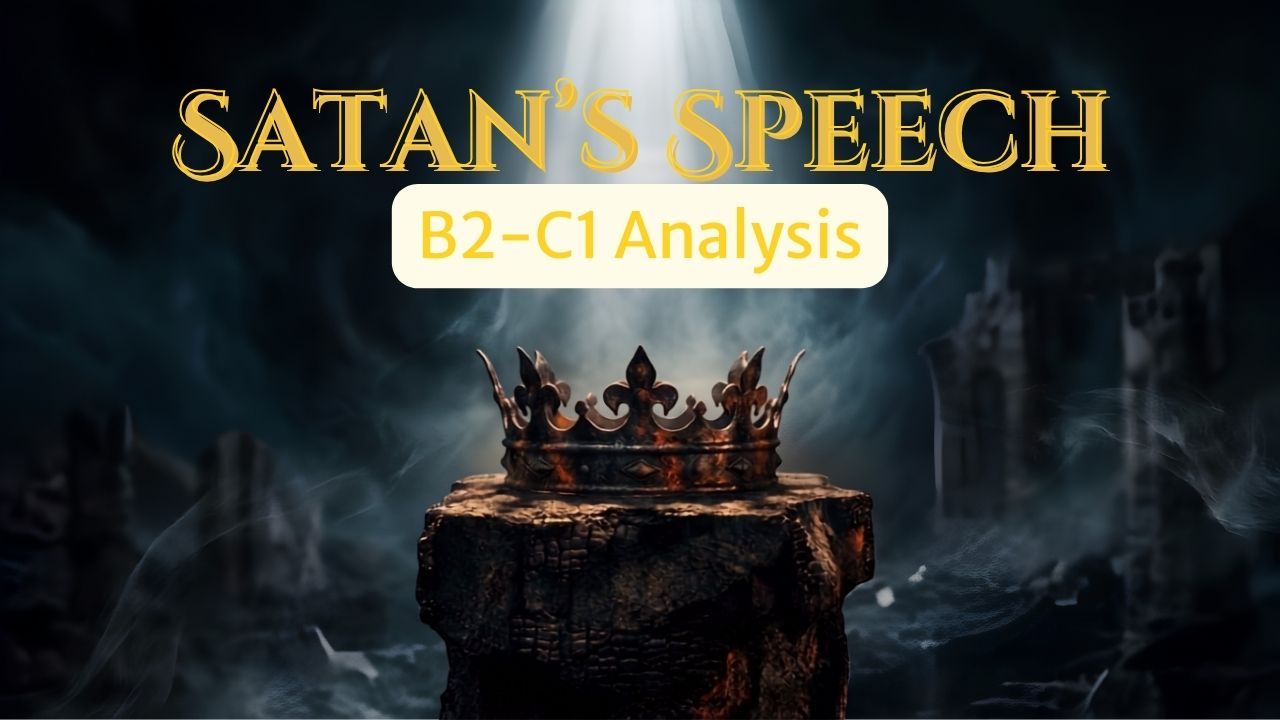 Title SATAN'S SPEECH with a crown under a spotlight on a rock and dark background background.