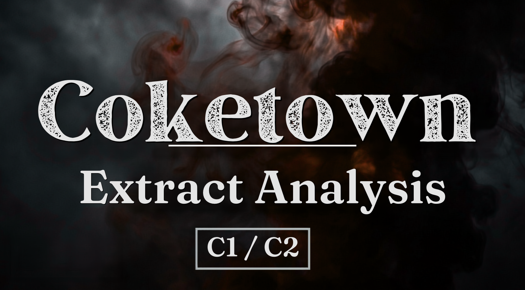 Two red and black chimneys spitting smoke, with a text  'COKETOWN' as background.